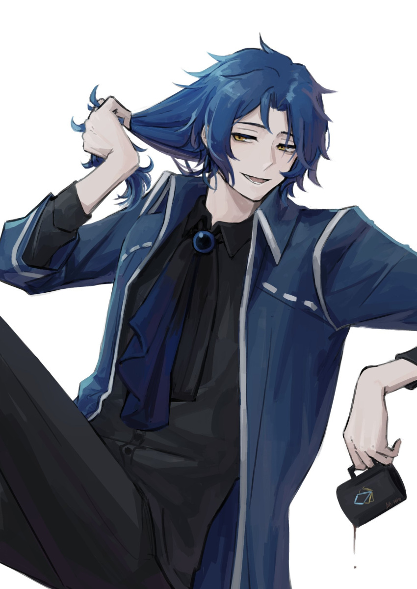 1boy, black_pants, black_shirt, blue_coat, blue_gemstone, blue_hair, chesed_(project_moon), coat, collared_coat, collared_shirt, cup, gem, highres, holding, holding_cup, holding_own_hair, library_of_ruina, long_hair, long_sleeves, male_focus, mug, pants, parted_bangs, parted_lips, project_moon, ruiieru, shirt, simple_background, smile, solo, white_background