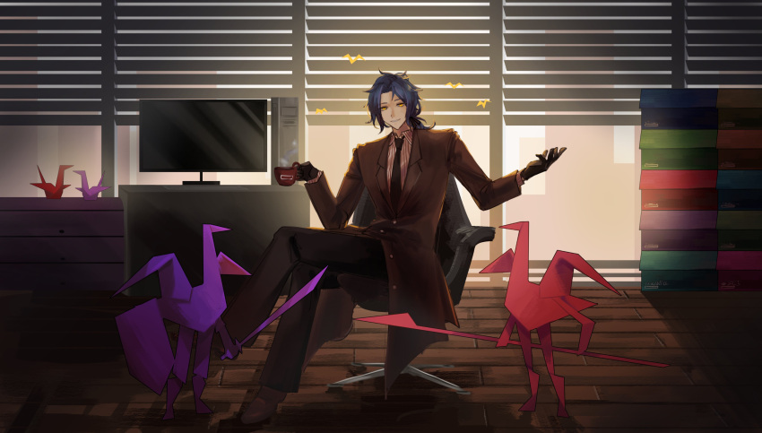 1boy, absurdres, black_gloves, black_necktie, black_pants, blue_hair, brown_coat, brown_footwear