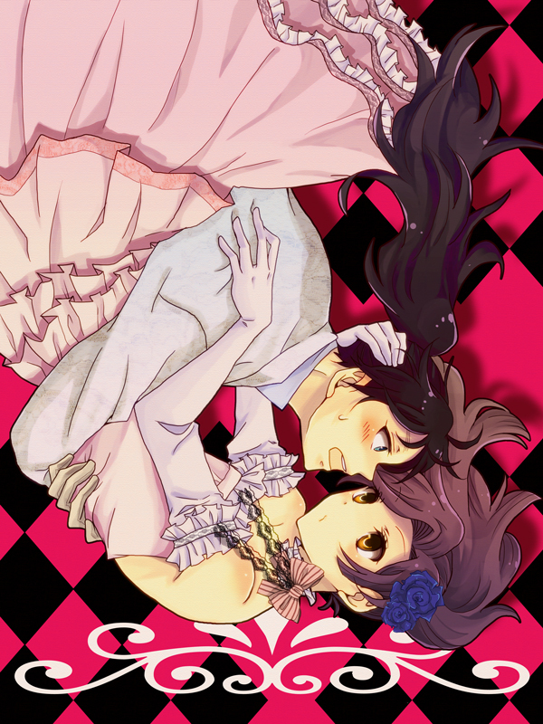 blush, brown_hair, elbow_gloves, eye_contact, flower, gloves, hug, long_hair