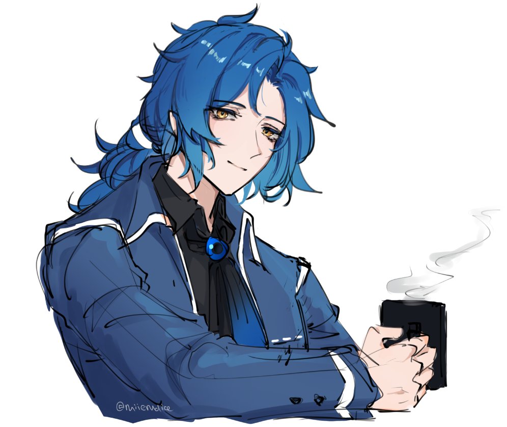 1boy, ascot, black_ascot, black_shirt, blue_coat, blue_gemstone, blue_hair, chesed_(project_moon)