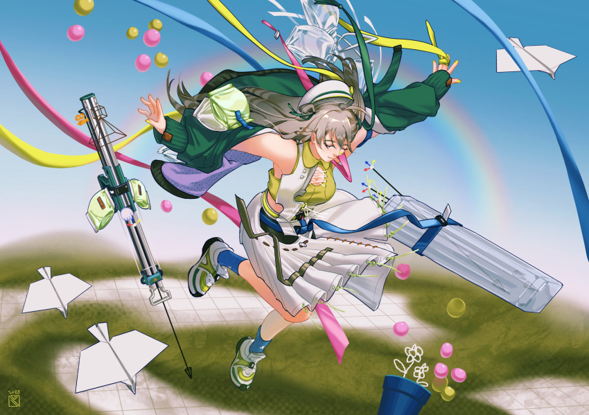 1girl, arknights, arrow_(projectile), arrow_(symbol), blue_background, blue_ribbon, blue_socks, fartooth_(arknights)