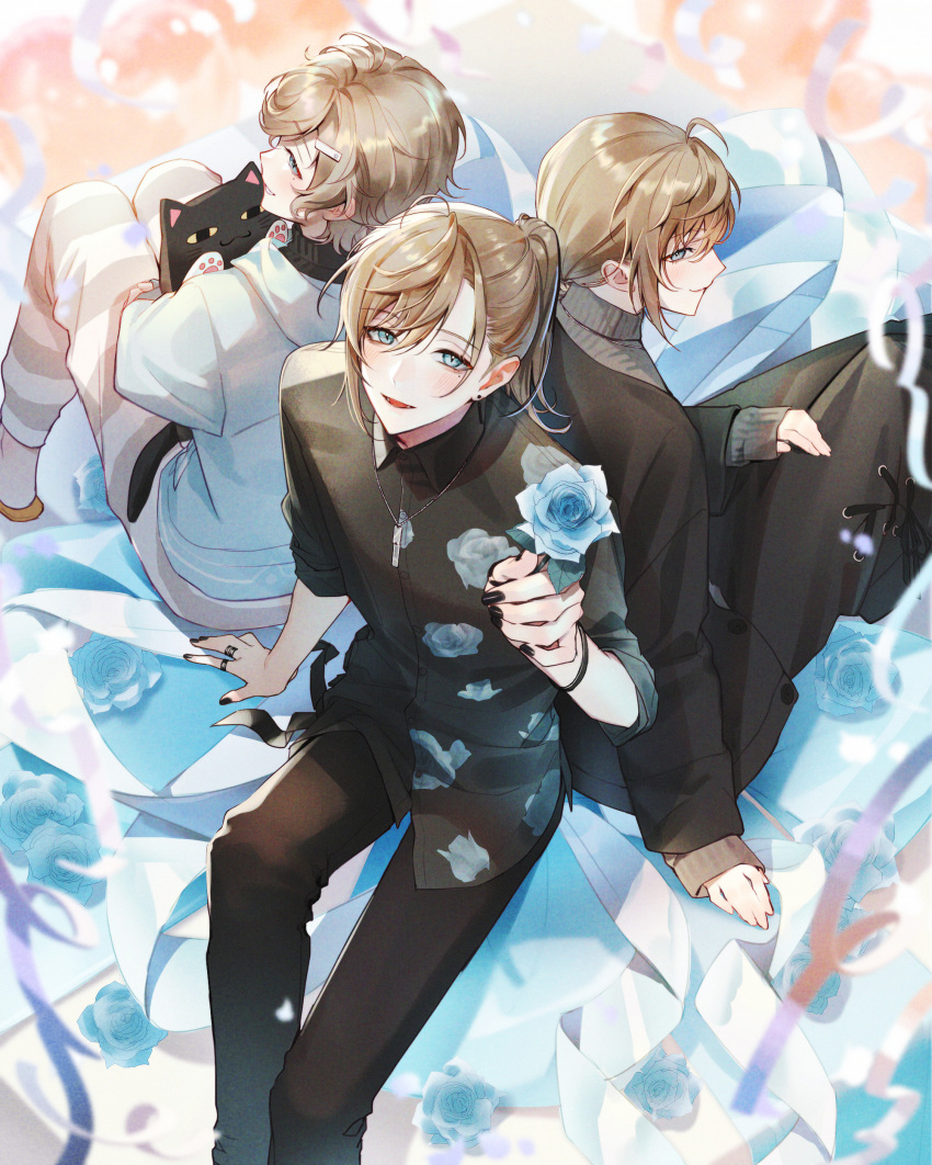 3boys, absurdres, ahoge, black_nails, black_pants, blue_eyes, blue_flower, blue_jacket, blue_rose, bracelet, brown_hair, dress_shirt, flower, grey_sweater, hair_ornament, hairclip, highres, jacket, jewelry, kanae_(14th_costume)_(nijisanji), kanae_(1st_costume)_(nijisanji), kanae_(8th_costume)_(nijisanji), kanae_(nijisanji), male_focus, mole, mole_under_eye, multiple_boys, multiple_rings, multiple_views, necklace, nijisanji, pants, ponytail, ring, rose, roto_(kanae), rta, shirt, sitting, striped, striped_pants, stuffed_animal, stuffed_cat, stuffed_toy, sweater, virtual_youtuber, wavy_hair
