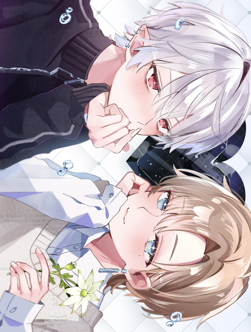 2boys, asa_going, black_jacket, blue_eyes, brown_hair, brown_sweater_vest, chronoir, collared_shirt
