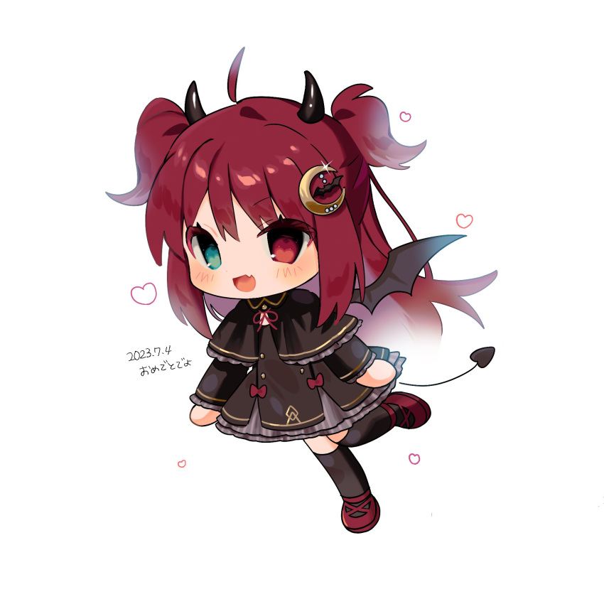 ahoge, black_capelet, black_dress, black_horns, black_thighhighs, black_wings, blue_eyes, blush, capelet, chibi, demon_girl, demon_tail, demon_wings, dress, fang, full_body, heterochromia, highres, horns, kenkou_land, long_hair, nijisanji, red_eyes, red_footwear, redhead, skin_fang, tail, thigh-highs, two_side_up, virtual_youtuber, wings, yuzuki_roa, yuzuki_roa_(1st_costume)