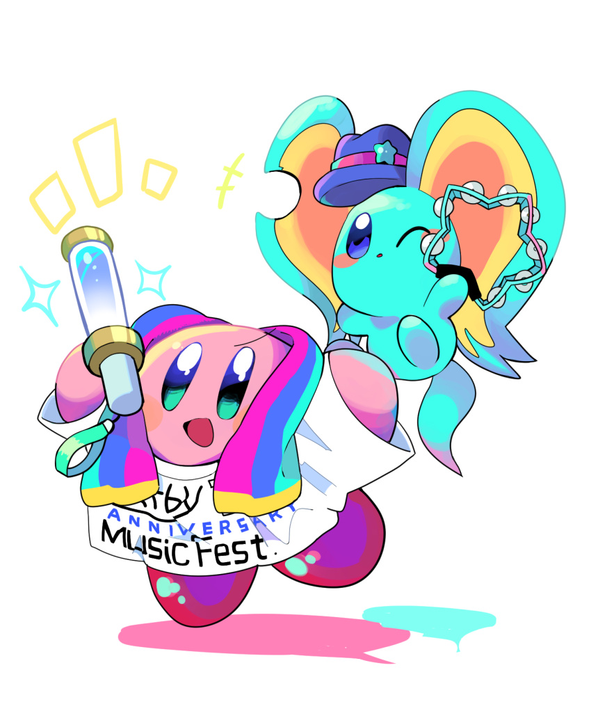 animal_ears, blue_headwear, blush_stickers, commentary_request, elfilin, highres, holding_glowstick, instrument, kirby, kirby_(series), kirby_30th_anniversary_music_festival, ksni_tbn, mouse_ears, no_humans, notched_ear, notice_lines, one_eye_closed, open_mouth, shirt, smile, solid_oval_eyes, star_(symbol), tail, tambourine, white_shirt