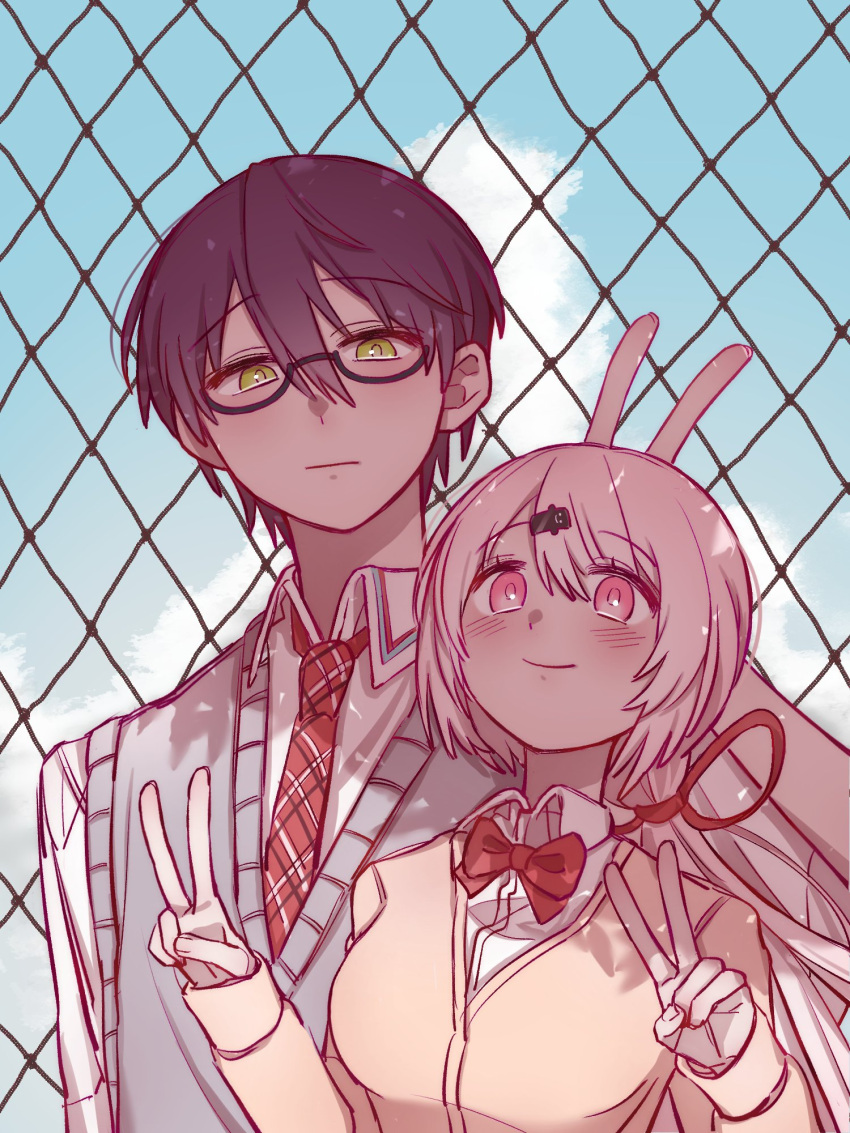 1boy, 1girl, bow, bowtie, cardigan, collared_shirt, double_v, glasses