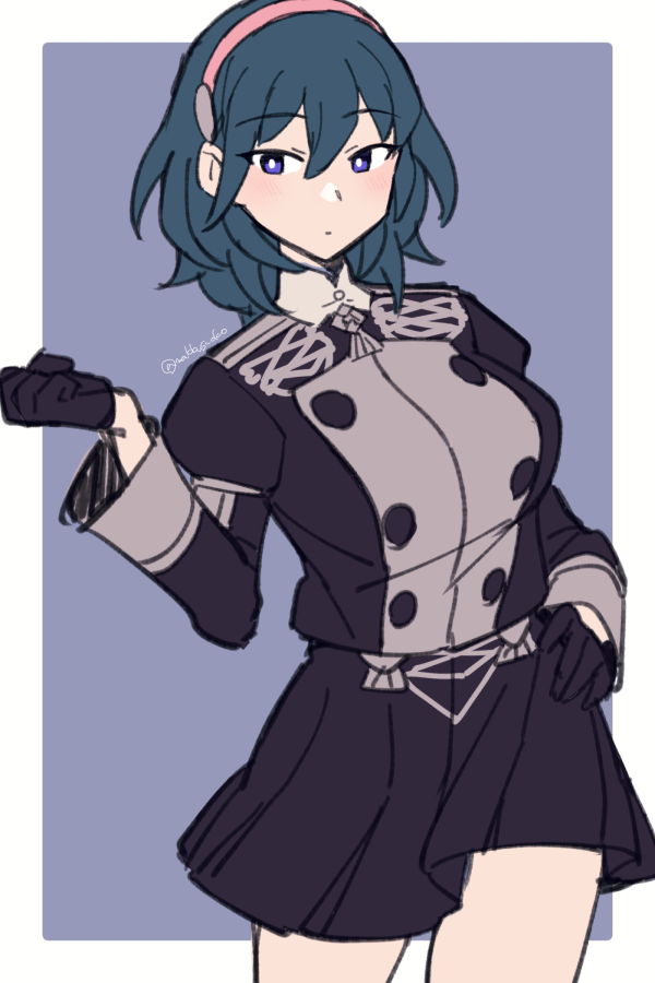 1girl, artist_name, black_gloves, black_skirt, blue_eyes, blue_hair, breasts, byleth_(female)_(fire_emblem)
