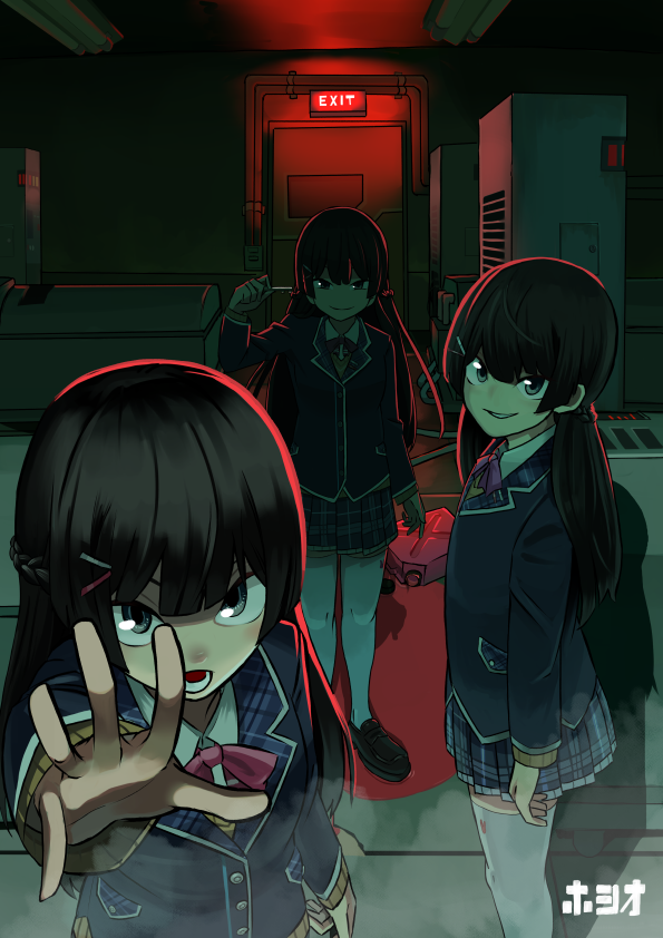 3girls, black_hair, black_jacket, black_skirt, blazer, blue_eyes, bow, bowtie