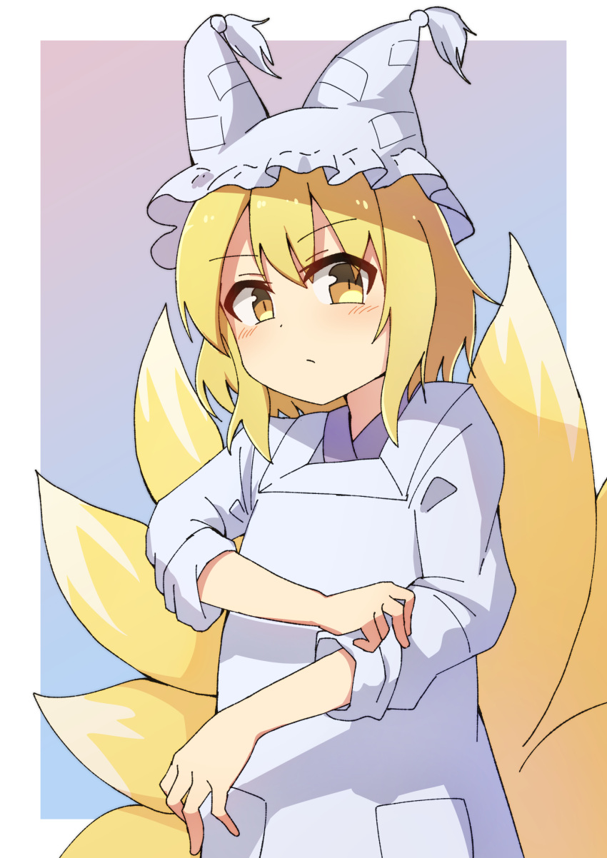 1girl, blonde_hair, border, closed_mouth, cowboy_shot, dot_mouth, dot_nose, fox_tail