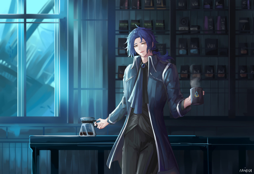 1boy, absurdres, ascot, bag, black_pants, black_shirt, blue_ascot, blue_coat, blue_hair, blue_theme, cafe, chesed_(project_moon), coat, coffee, coffee_pot, collared_coat, collared_shirt, cup, highres, indoors, library_of_ruina, long_sleeves, low_ponytail, male_focus, mug, pants, project_moon, ruiieru, shirt, solo, table, window, yellow_eyes