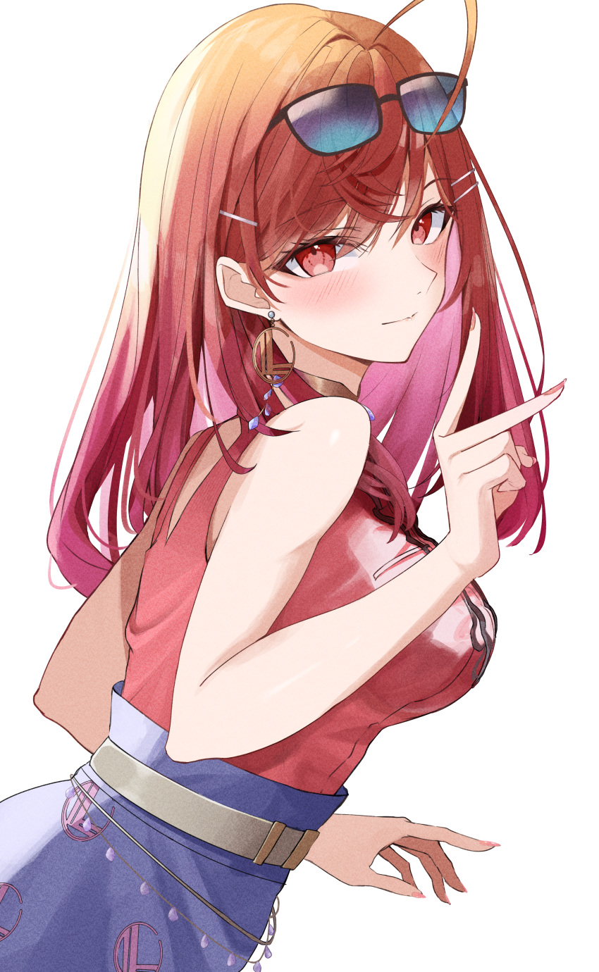 1girl, absurdres, ahoge, belt, black-framed_eyewear, blue_skirt, blush, colored_inner_hair, earrings, eyewear_on_head, gold_earrings, hair_ornament, hairpin, highres, hololive, hololive_dev_is, ichijou_ririka, imblossoms, jewelry, long_hair, looking_at_viewer, multicolored_hair, nail_polish, orange_eyes, orange_hair, orange_nails, pink_shirt, shirt, single_earring, skirt, sleeveless, sleeveless_shirt, smile, solo, sunglasses, v, virtual_youtuber, white_background, white_belt