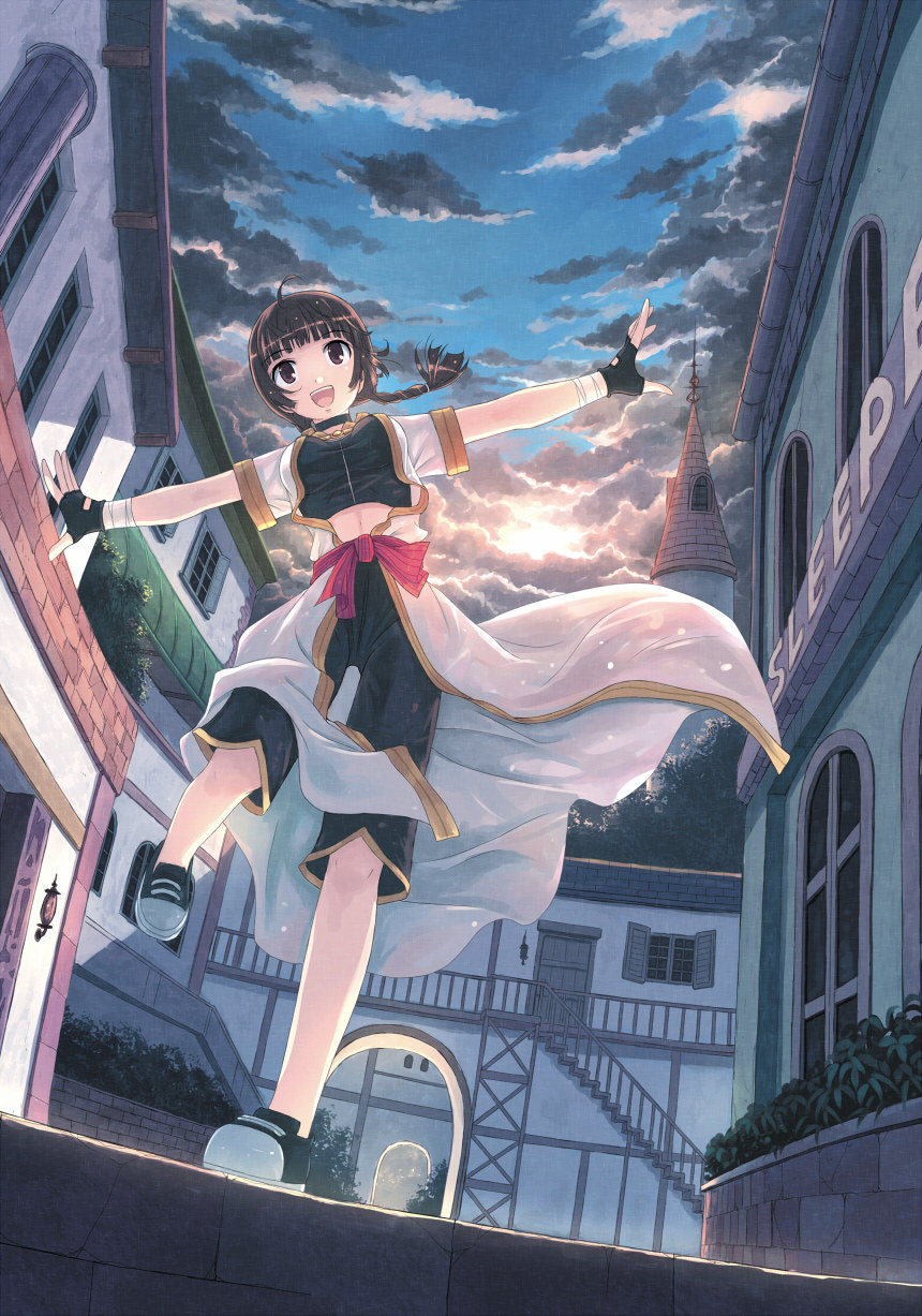 balancing, bandages, bangs, braid, brown_hair, city, cloud, clouds, fingerless_gloves, from_below, gloves, highres, midriff, monk, monk_(ragnarok_online), open_mouth, outstretched_arms, ragnarok_online, sky, solo, spread_arms, yakka