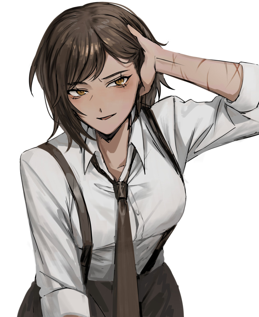 1girl, absurdres, arm_up, breasts, brown_eyes, brown_hair, brown_necktie, brown_pants