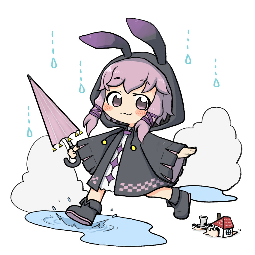1girl, :3, animal_hood, black_coat, black_footwear, blush, boots, chibi