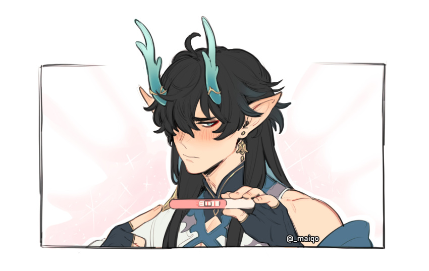 1boy, aqua_eyes, aqua_horns, black_gloves, black_hair, closed_mouth, dan_heng_(honkai:_star_rail), dan_heng_(imbibitor_lunae)_(honkai:_star_rail)