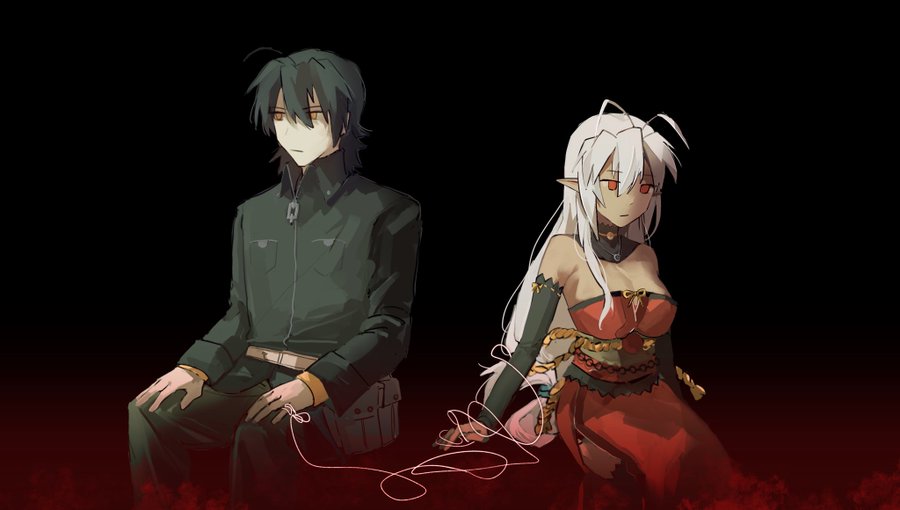 black_background, black_dress, black_hair, black_suit, breasts, czzs2023, dress, formal, minato_kageaki, nitroplus, orange_eyes, pointy_ears, red_dress, sansei_muramasa, simple_background, sitting, soukou_akki_muramasa, suit, white_hair