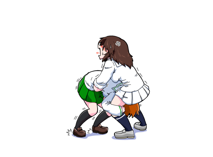 2girls, 7654_dog, anger_vein, black_hair, black_socks, blouse, blue_socks, brown_footwear, brown_hair, commentary, girls_und_panzer, green_skirt, grey_footwear, loafers, long_hair, long_sleeves, miniskirt, multiple_girls, murakami_(girls_und_panzer), nishizumi_miho, no_headwear, ooarai_naval_school_uniform, ooarai_school_uniform, open_mouth, pleated_skirt, sailor, school_uniform, serafuku, shadow, shirt, shoes, short_hair, single_horizontal_stripe, skirt, socks, standing, sweatdrop, trembling, white_shirt, white_skirt, wrestling