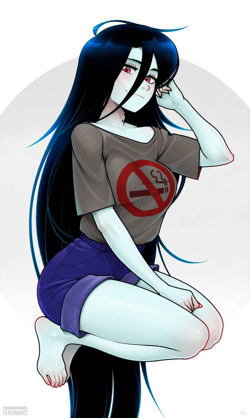 absurdres, adventure_time, barefoot, bite_mark, black_hair, blue_shorts, breasts, casual