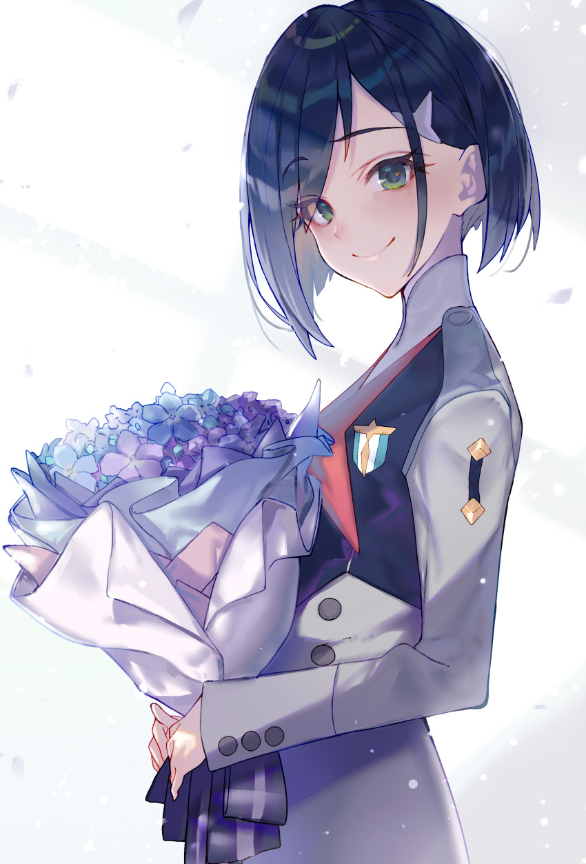 1girl, absurdres, asymmetrical_bangs, black_jacket, blue_flower, blue_hair, bob_cut, bouquet