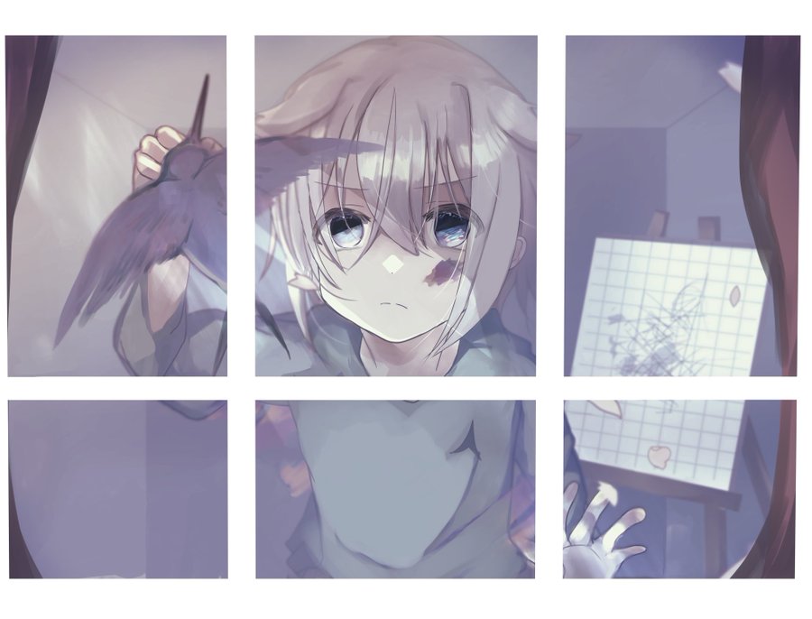 bird, black_bird, blue_eyes, casual, curtains, eina_(ao0708), falling_petals, natsume_kei_(sakura_no_uta)