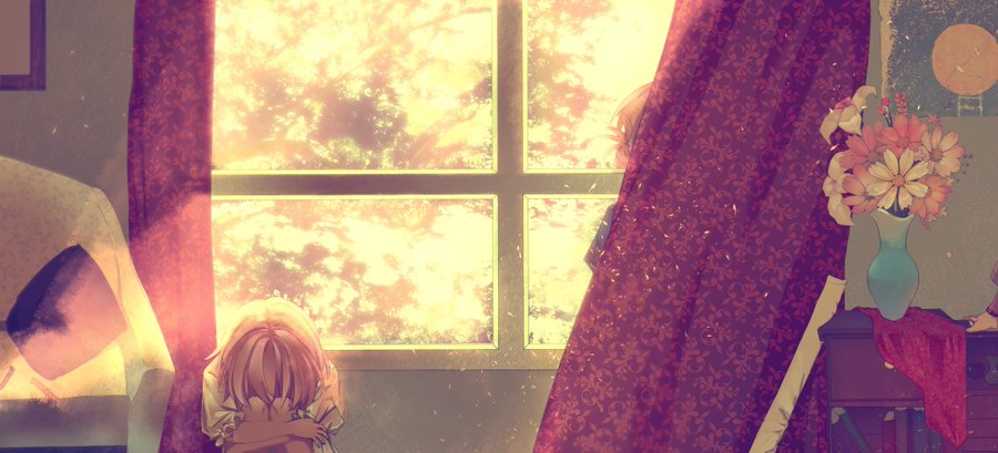 2girls, caicaikknd, crying, curtains, dress, flower, formal, multiple_girls
