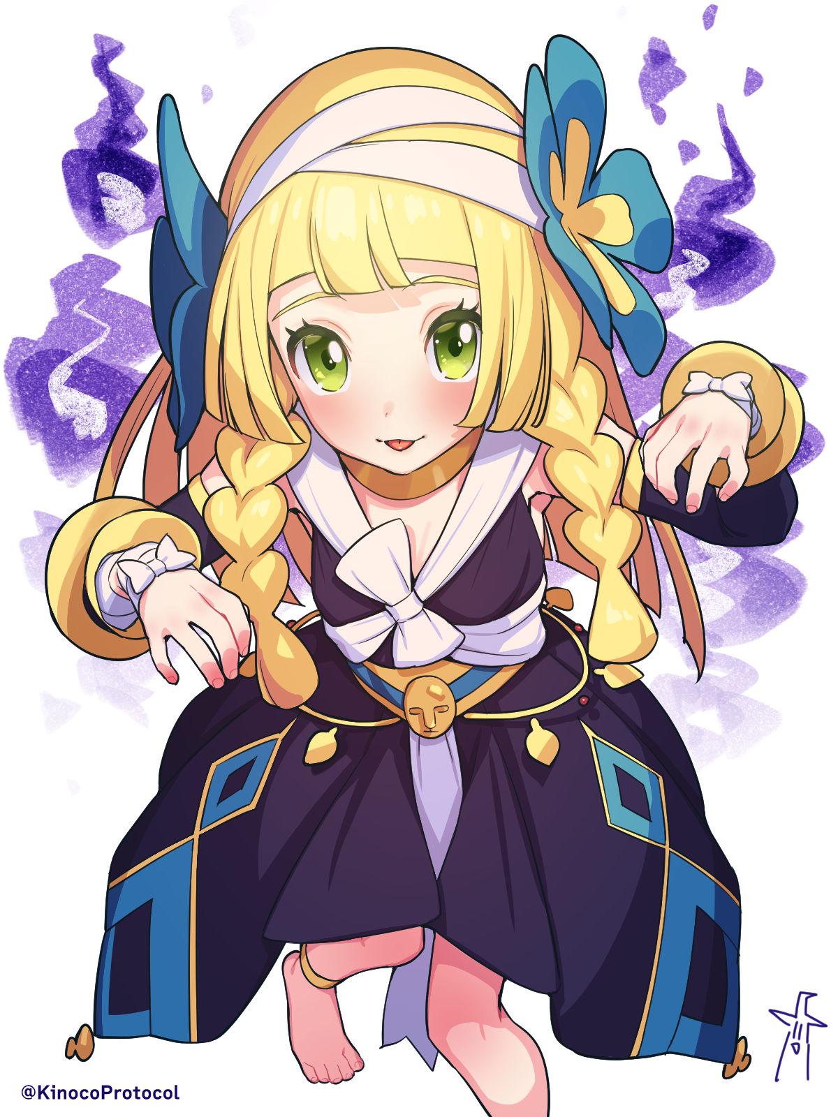 1girl, anklet, barefoot, blonde_hair, blunt_bangs, blush, braid, closed_mouth, commentary_request, cosplay, detached_sleeves, dress, eyelashes, flower, green_eyes, green_flower, hair_flower, hair_ornament, hairband, halloween_costume, hands_up, highres, jewelry, kinocopro, knees, lillie_(pokemon), long_hair, looking_at_viewer, phoebe_(fall_2023)_(pokemon), phoebe_(pokemon), phoebe_(pokemon)_(cosplay), pokemon, pokemon_(game), pokemon_masters_ex, pokemon_sm, smile, solo, toes, tongue, tongue_out, twin_braids, twitter_username, white_hairband
