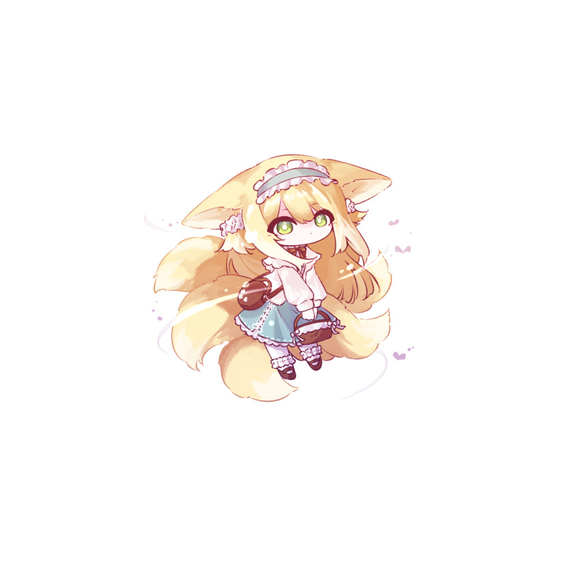 1girl, animal_ears, aqua_hairband, aqua_skirt, arknights, bag, basket, blonde_hair