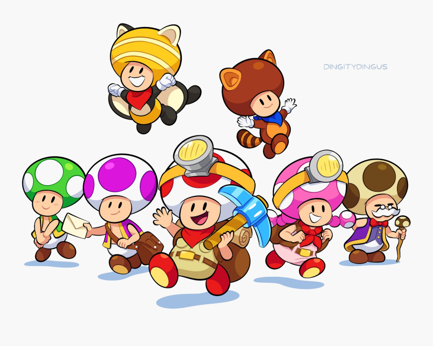 1girl, 6+boys, :d, animal_costume, animal_ears, arm_up, artist_name, backpack, bag, bandana, belt, black_eyes, blue_bandana, blue_toad_(mario), blush, bow, bowtie, brown_bag, brown_belt, brown_footwear, brown_shirt, cane, captain_toad, captain_toad:_treasure_tracker, closed_eyes, closed_mouth, commentary, english_commentary, envelope, facial_hair, fake_animal_ears, fake_tail, floating, flying, flying_squirrel_toad_(mario), glasses, green_toad_(mario), green_vest, grin, hand_up, headlamp, highres, holding, holding_cane, holding_envelope, holding_pickaxe, jacket, looking_at_viewer, mailtoad, multiple_boys, mustache, new_super_mario_bros._u, open_clothes, open_mouth, open_vest, own_hands_together, pickaxe, pink_shirt, purple_toad_(mario), purple_vest, raccoon_ears, raccoon_tail, red_bandana, red_bow, red_bowtie, red_footwear, round_eyewear, satchel, scroll, shirt, shoes, simple_background, smile, smirk, solid_oval_eyes, squirrel_ears, super_mario_3d_land, super_mario_bros., tail, tanuki_toad_(mario), toad_(mario), toadette, toadsworth, twintails, vest, vinny_(dingitydingus), waving, white_background, yellow_toad_(mario)