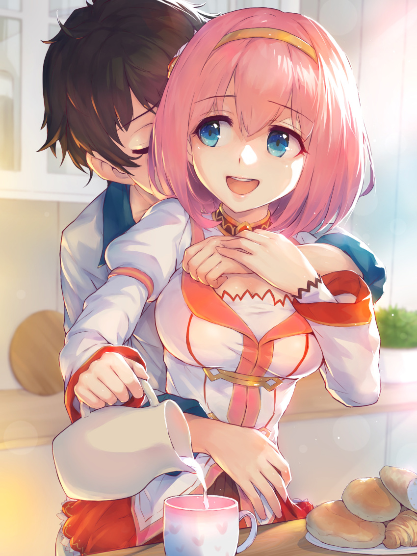 1boy, 1girl, black_hair, blue_eyes, bob_cut, breasts, closed_eyes, couple