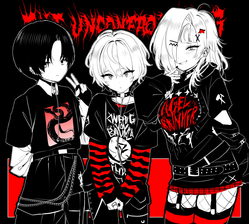 1girl, 2boys, barbell_piercing, black_gloves, black_shirt, black_sweater, blush, chain