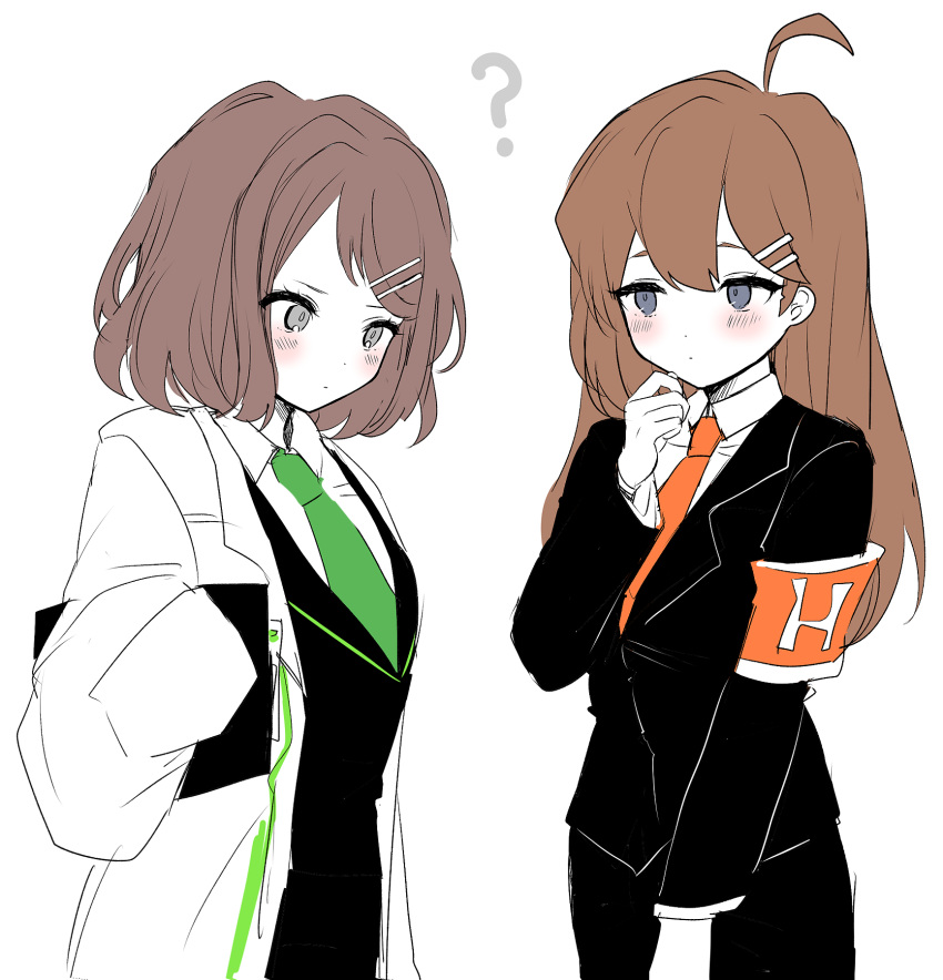 2girls, armband, black_suit, black_vest, blue_eyes, blush, brown_hair, clipboard