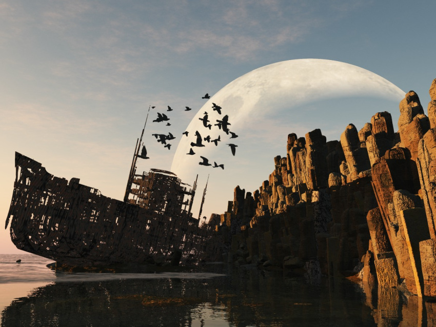 bird, cliff, cloud, clouds, coast, moon, ocean, original