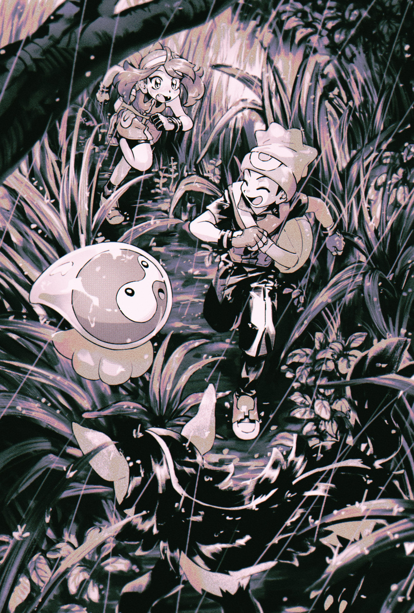 1boy, 1girl, absurdres, bag, bandana, beanie, bike_shorts, brendan_(pokemon), castform, castform_(rainy), fangs, fanny_pack, fingerless_gloves, forecast, from_above, funabara_tsuitta_tsunagemashita, gloves, grass, hat, highres, looking_back, may_(pokemon), mightyena, monochrome, open_mouth, pokemon, pokemon_(creature), pokemon_adventures, rain, ruby_(pokemon), running, sapphire_(pokemon), sapphire_birch, smile, tall_grass, tree, vegetation