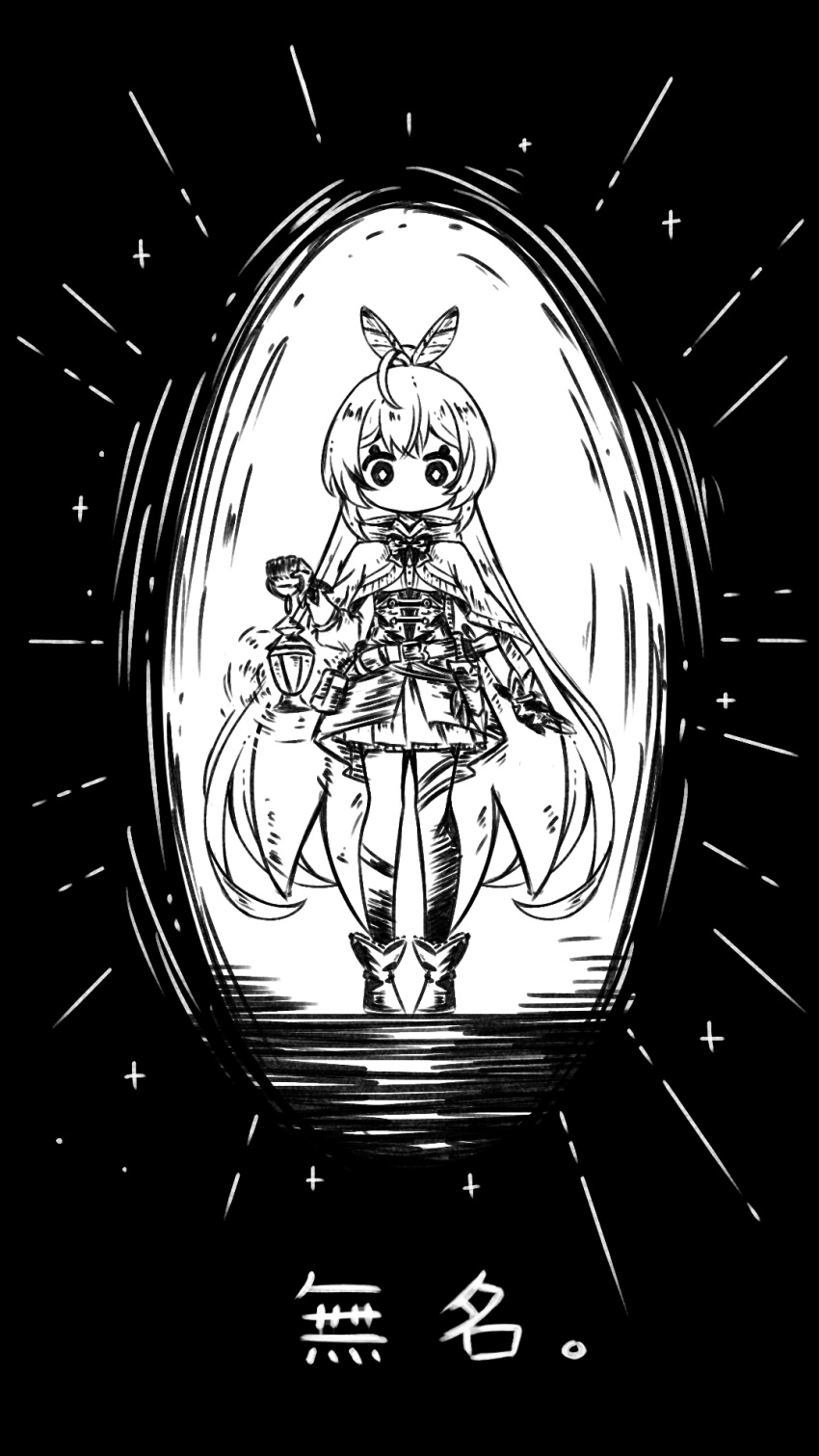 ahoge, ankle_boots, belt, black_background, boots, capelet, cloak, corset