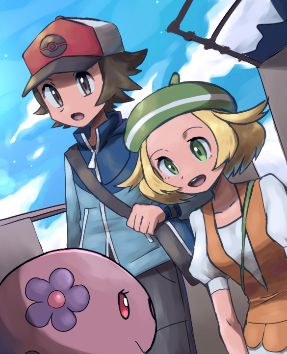 1boy, 1girl, bianca_(pokemon), blonde_hair, blue_jacket, brown_eyes, brown_hair, green_eyes, green_headwear, hat, hilbert_(pokemon), jacket, long_sleeves, mtgrslove376, munna, open_mouth, orange_vest, pokemon, pokemon_(creature), pokemon_(game), pokemon_bw, shirt, short_hair, short_sleeves, vest, white_shirt