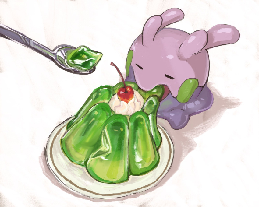 cherry, closed_eyes, eating, food, fruit, goomy, highres, no_humans