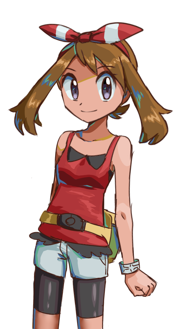 1girl, bare_shoulders, black_shorts, bow, bracelet, brown_hair, closed_mouth, fanny_pack, hair_bow, jewelry, looking_at_viewer, may_(pokemon), mtgrslove376, pokemon, pokemon_(game), pokemon_oras, red_bow, red_shirt, shirt, shorts, shorts_under_shorts, sleeveless, sleeveless_shirt, smile, solo, white_background, white_shorts