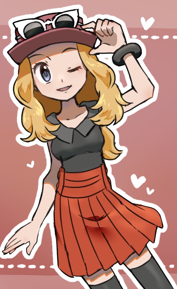 1girl, black_shirt, black_thighhighs, blonde_hair, commentary_request, eyewear_on_headwear, hand_on_headwear, hat, heart, long_hair, mtgrslove376, one_eye_closed, open_mouth, outline, pleated_skirt, pokemon, pokemon_(game), pokemon_xy, red_headwear, red_skirt, serena_(pokemon), shirt, skirt, sleeveless, sleeveless_shirt, solo, thigh-highs, white_outline