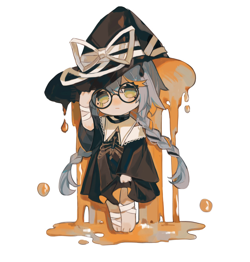 1girl, absurdres, bandaged_arm, bandaged_leg, bandages, bare_shoulders, barefoot, black-framed_eyewear