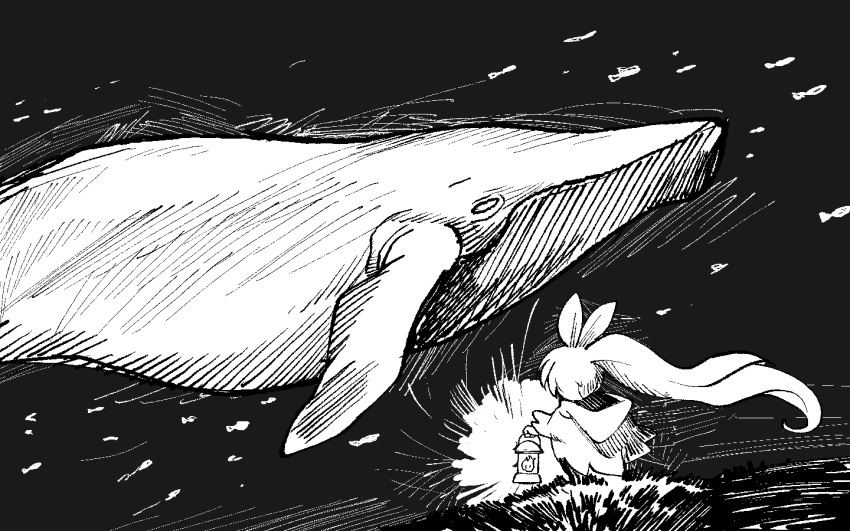 1girl, 6+others, black_background, cloak, facing_away, feather_hair_ornament, feathers, fish, from_behind, hair_ornament, hatching_(texture), holding, holding_lantern, hololive, hololive_english, hood, hooded_cloak, lantern, light, long_hair, monochrome, multiple_others, mumei_(hololive), nanashi_mumei, ponytail, school_of_fish, toadfrogs_art, underwater, very_long_hair, virtual_youtuber, whale