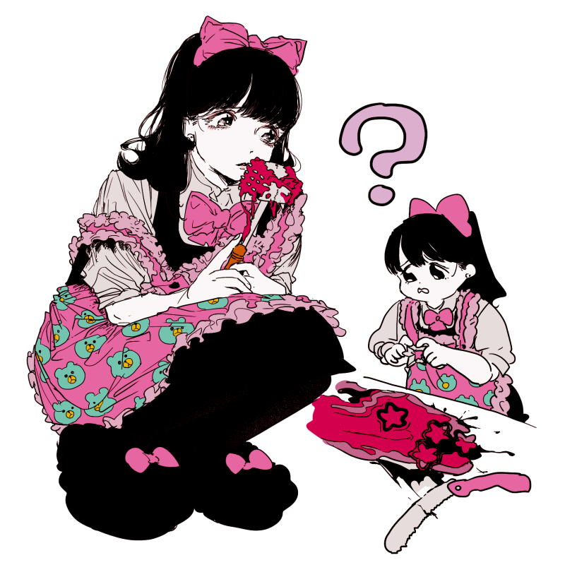 2girls, ?, apron, black_eyes, black_hair, bobbbob, bow, bowtie, chibi, collared_shirt, dual_persona, earrings, hair_bow, index_fingers_together, jewelry, knife, looking_to_the_side, meat_tenderizer, multiple_girls, original, pantyhose, ponytail, shirt, slippers, splatter, squatting, worried