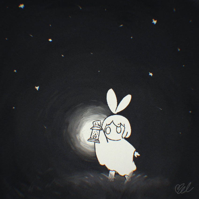 1girl, black_background, cloak, elle_diiaz, feathers, field, grass, highres, holding, holding_lantern, hololive, hololive_english, lantern, light, light_particles, monochrome, mumei_(hololive), nanashi_mumei, sky, standing, star_(sky), starry_sky, virtual_youtuber