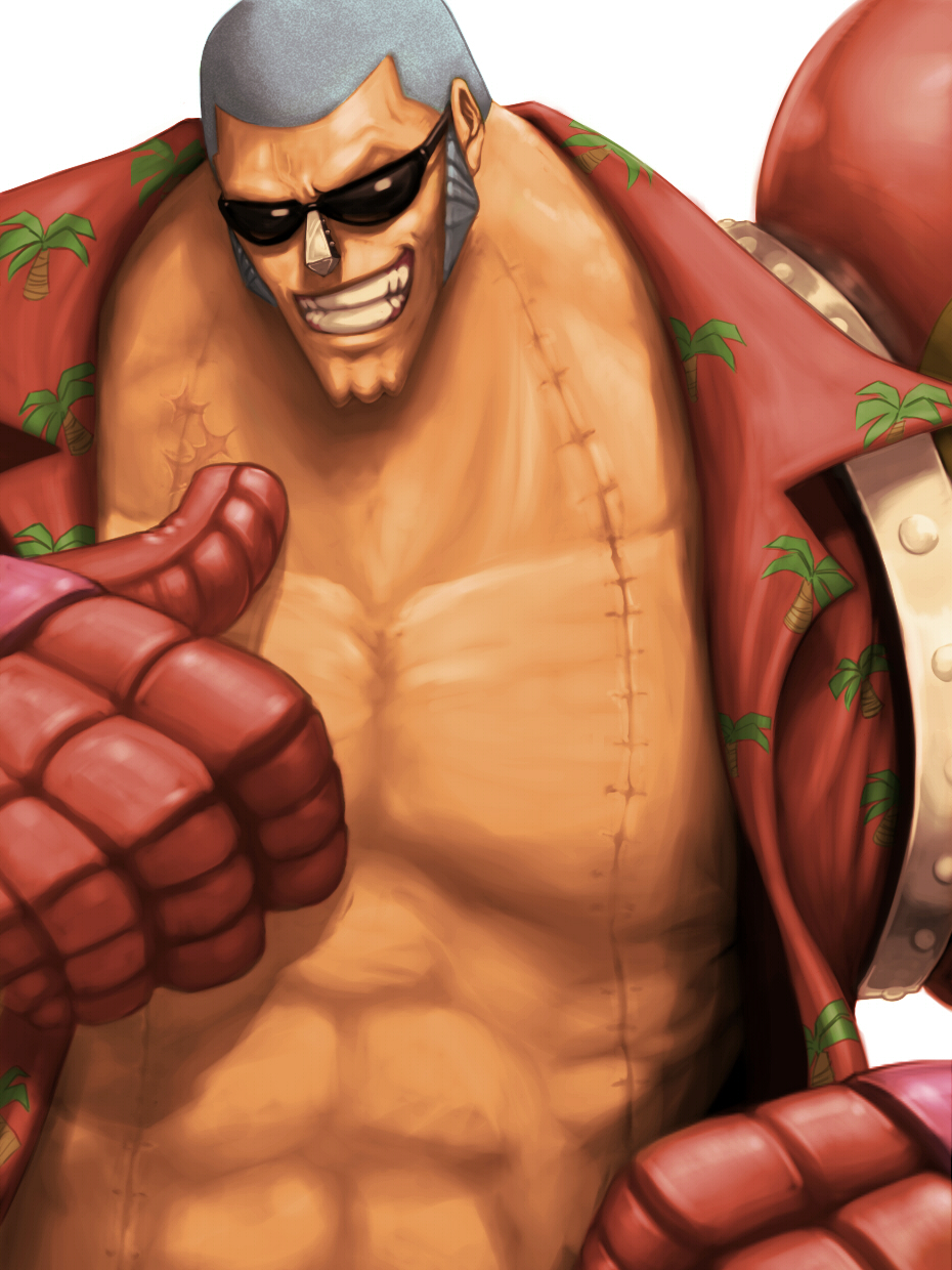 1boy, blue_hair, commentary_request, franky_(one_piece), hawaiian_shirt, highres, long_sideburns, male_focus