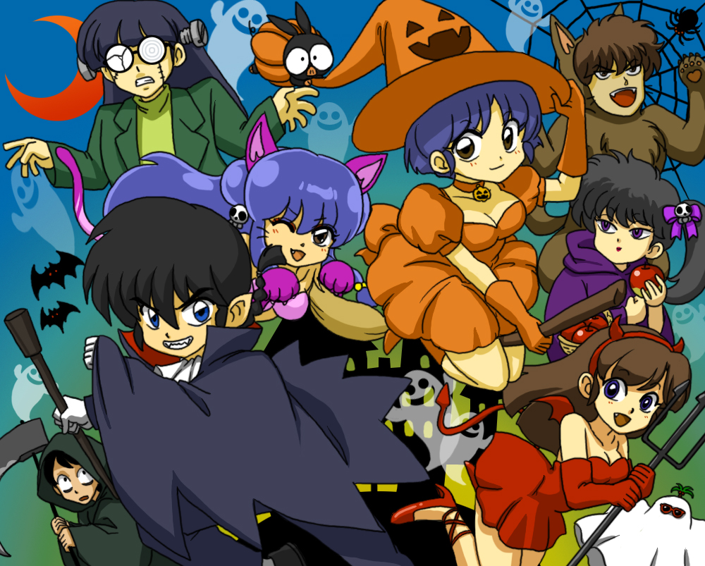 4girls, animal_costume, apple, bat_(animal), blue_hair, breasts, bug, cat_tail