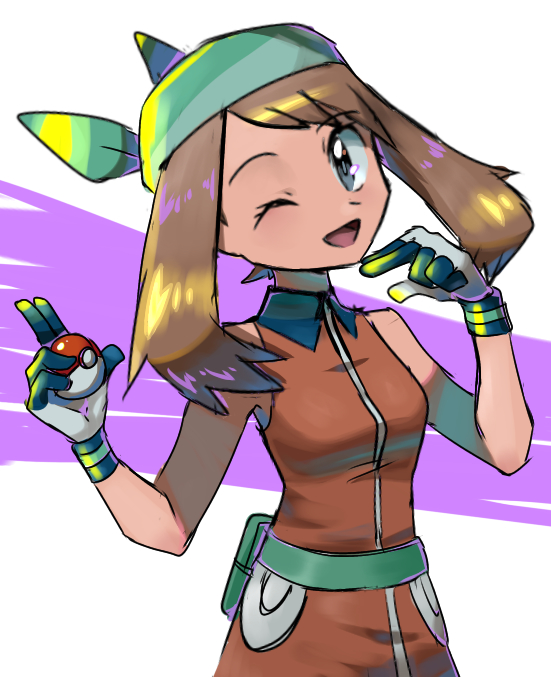 ;d, bandana, bare_shoulders, brown_hair, fanny_pack, gloves, green_bandana, grey_eyes