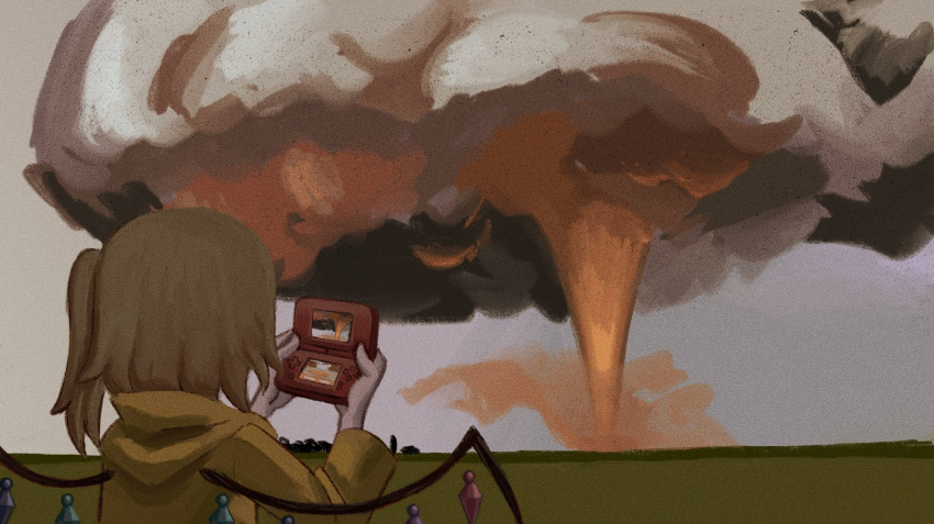 1girl, alternate_costume, blonde_hair, crystal, flandre_scarlet, flandrepudding, from_behind, handheld_game_console