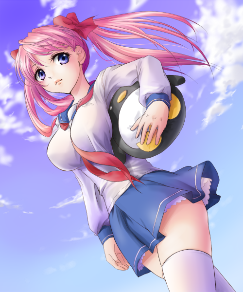 izumo_(pixiv362913), large_breasts, pink_hair, saki, school_uniform, serafuku, stocking, thighhighs