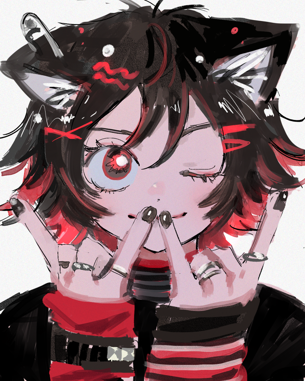 1girl, \m/, animal_ears, black_eyes, black_hair, black_nails, black_theme, double_\m/
