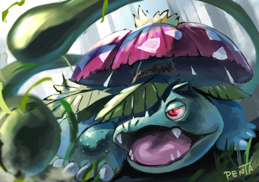 animal_focus, artist_name, claws, full_body, highres, leaf, open_mouth, outdoors