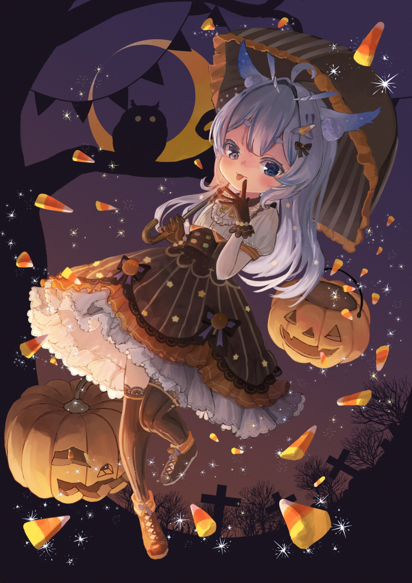 absurdres, ahoge, bird, black_skirt, bow, brown_footwear, brown_gloves, brown_thighhighs, candy_corn, crescent_moon, frills, gloves, hair_bow, heterochromia, high-waist_skirt, highres, indie_virtual_youtuber, jack-o'-lantern, mikazuki_silvi, moon, owl, owl_ears, owl_girl, petticoat, puffy_short_sleeves, puffy_sleeves, shirt, short_sleeves, skirt, thigh-highs, tombstone, umbrella, virtual_youtuber, white_hair, wss_(nicoseiga19993411)